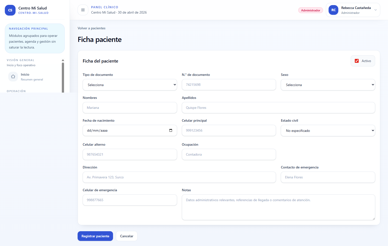 Formyulario Registro de pacientes